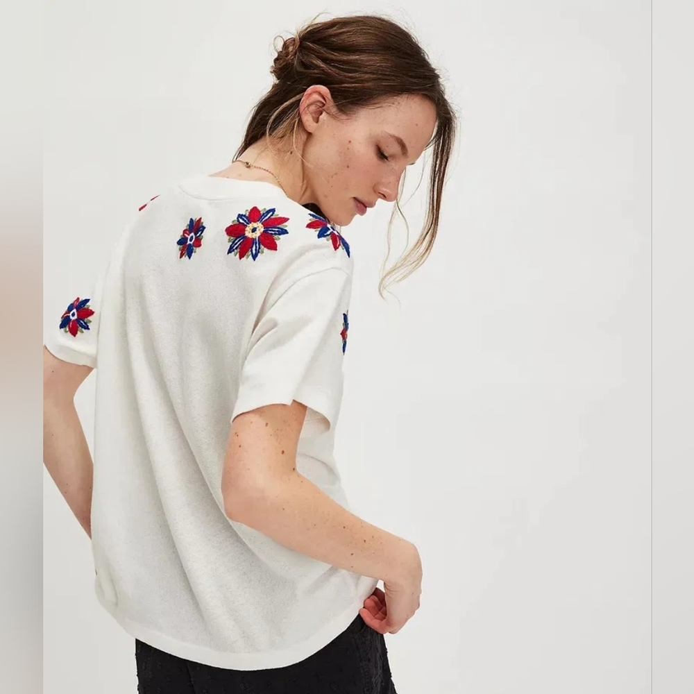 NWOT Free People Petal Stitch Tissue Tee - cream combo - Picture 4 of 7